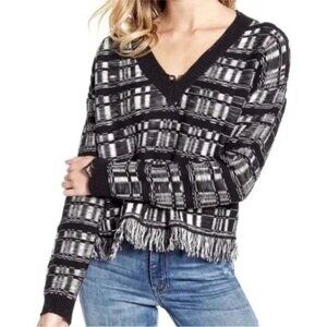 NWT Wildfox‎ Reese Ritzy Fringe Hem Sweater in Black and White V-Neck Size Large